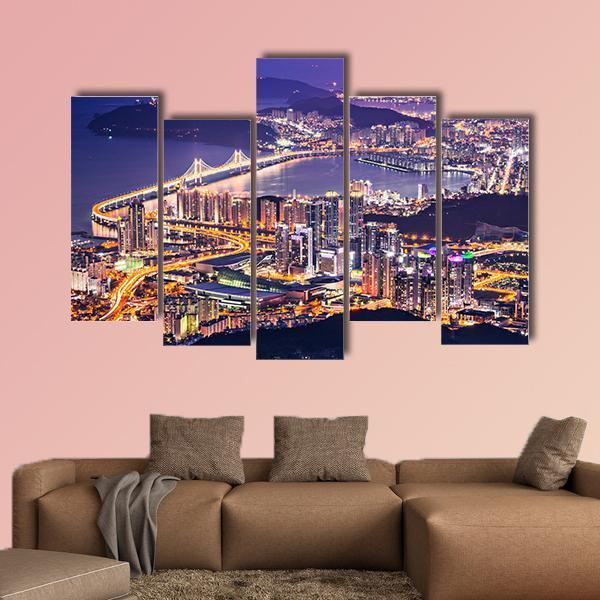 Busan City At Night Canvas Wall Art-5 Pop-Gallery Wrap-47" x 32"-Tiaracle