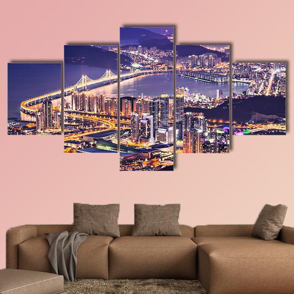Busan City At Night Canvas Wall Art-5 Star-Gallery Wrap-62" x 32"-Tiaracle
