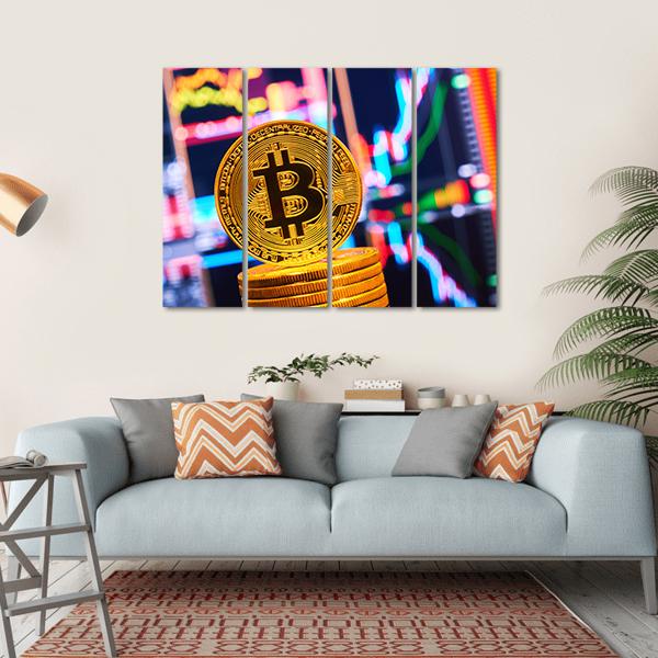 Bitcoin Coin with Financial Charts Canvas Wall Art in black, gold and multicolor, single panel hung on a wall