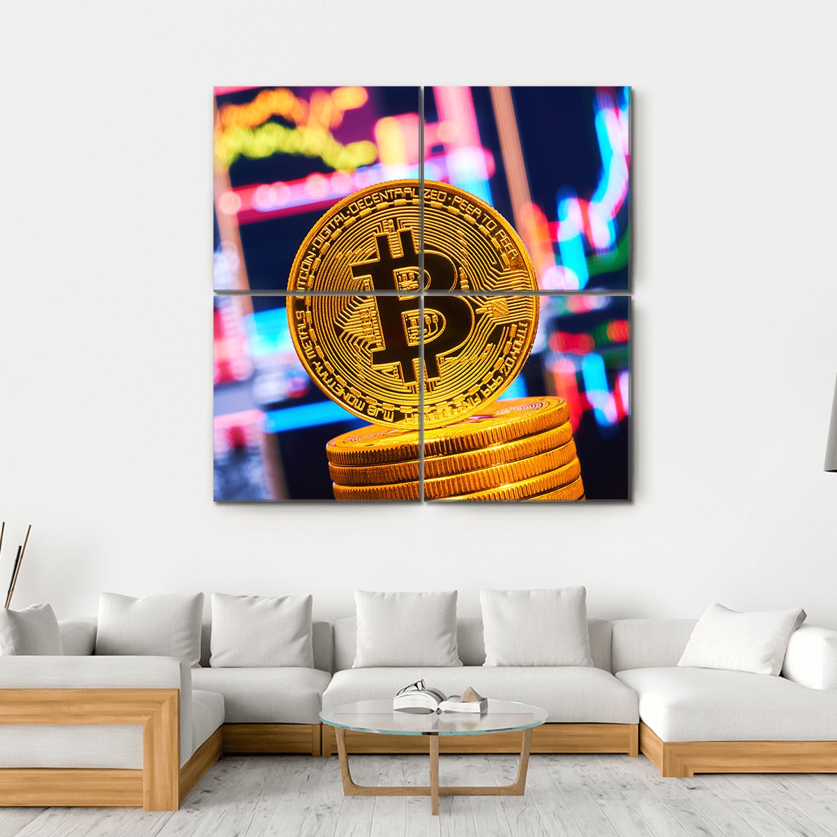 Bitcoin Coin with Financial Charts Canvas Wall Art in black, gold and multicolor, hung on a wall