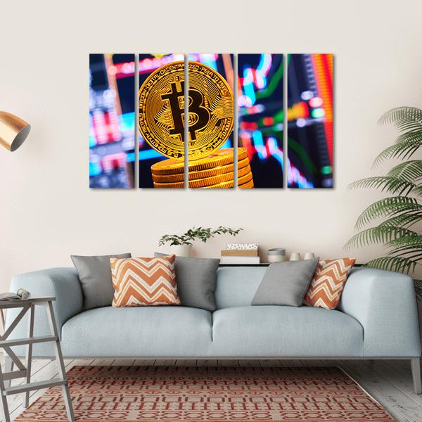 Bitcoin Coin with Financial Charts Canvas Wall Art in black, gold and multicolor, single panel hung on a wall