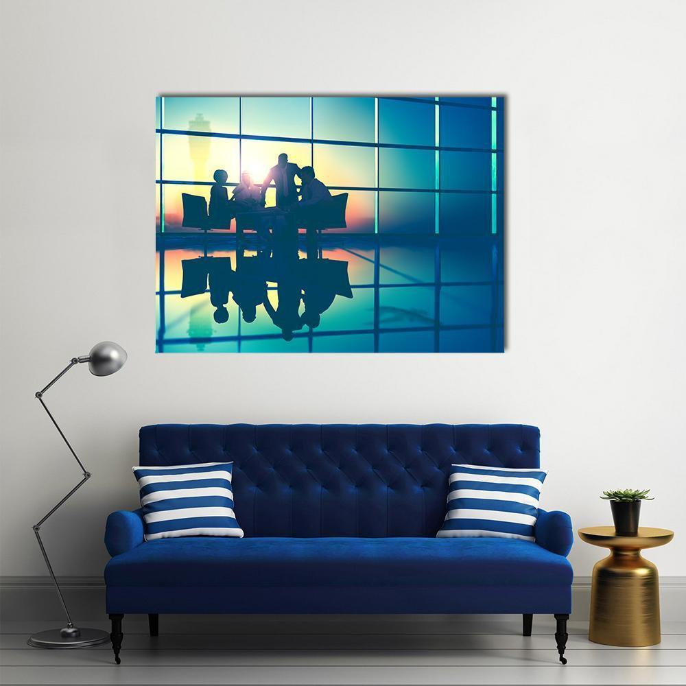 Business Meeting at Sunset Canvas Wall Art in black, yellow and blue, single panel hung on a wall