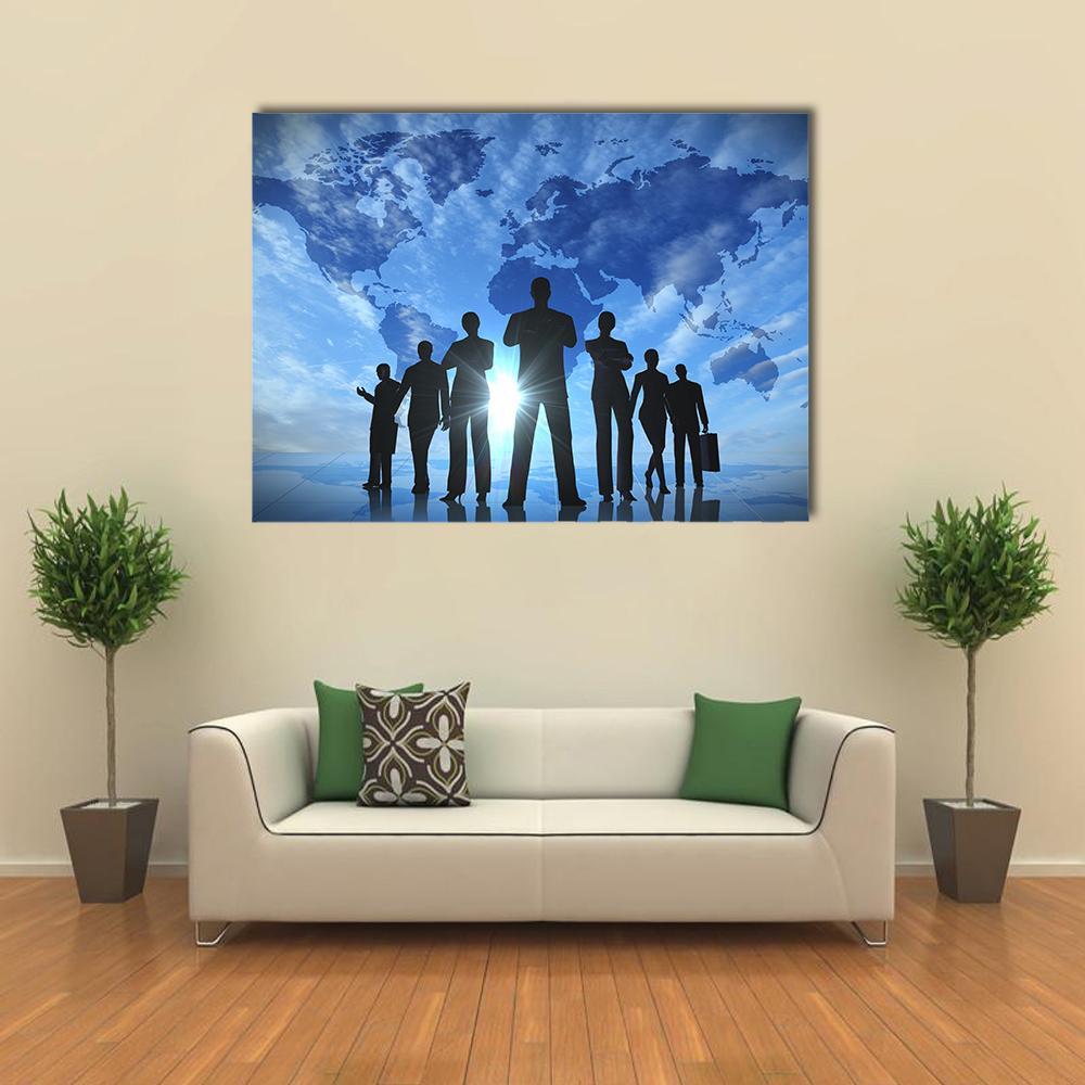 Business Team Silhouettes with World Map Canvas Wall Art in black, white and blue, single panel hung on a wall