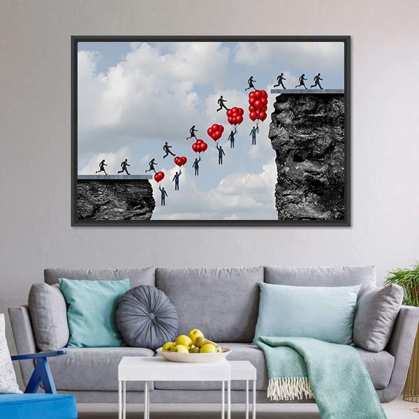 Business Team Silhouettes with Heart Balloons Canvas Wall Art in gray, red and blue, framed canvas, product view on a white background