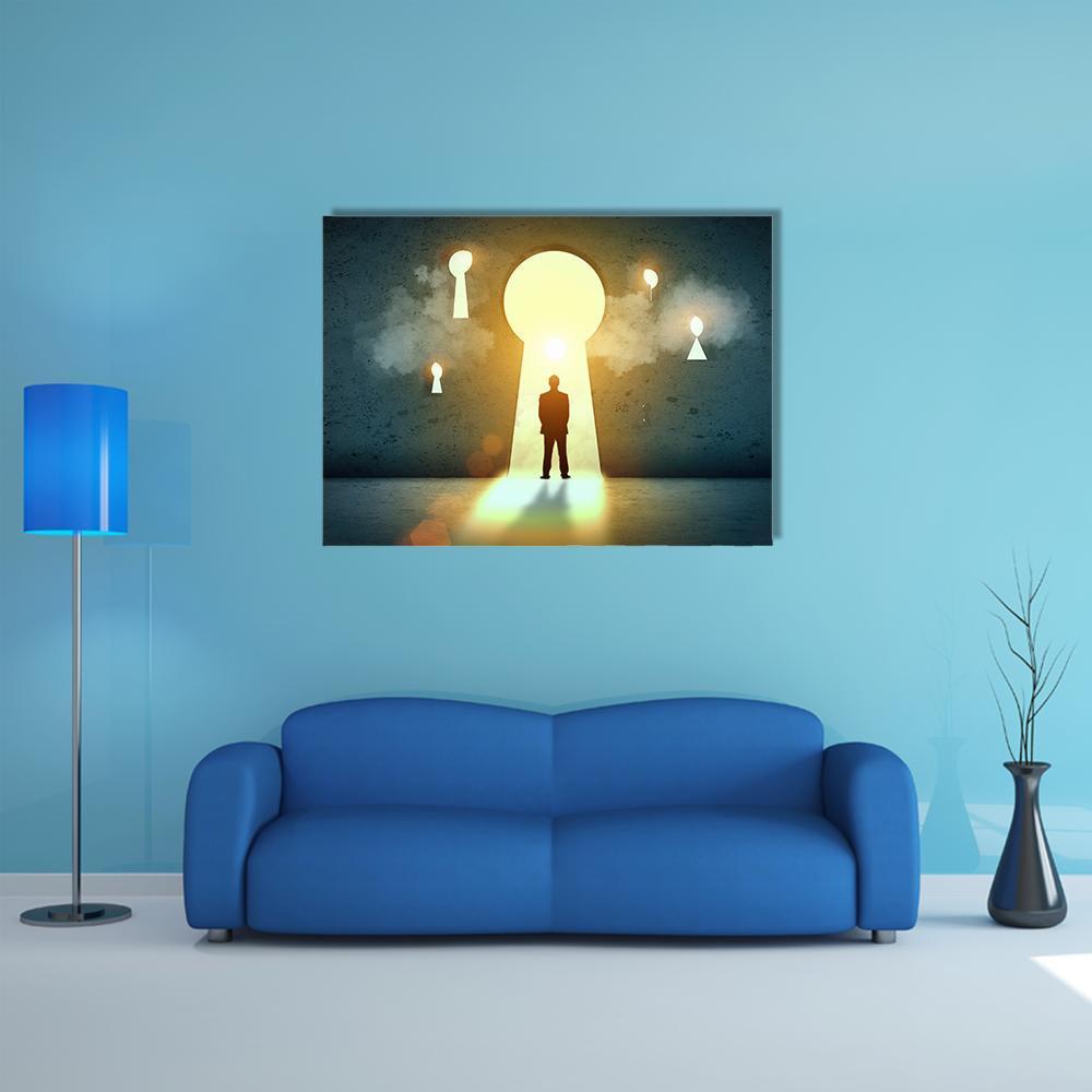 Businessman Silhouette in Keyhole with Light Beams Canvas Wall Art in black, gray and yellow, single panel hung on a wall