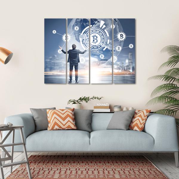 Businessman with Bitcoin Hologram Canvas Wall Art in white, gray and blue, hung on a wall