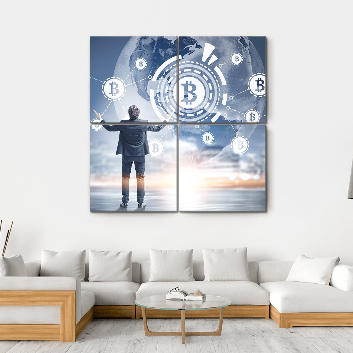 Businessman with Bitcoin Hologram Canvas Wall Art in white, gray and blue, single panel hung on a wall