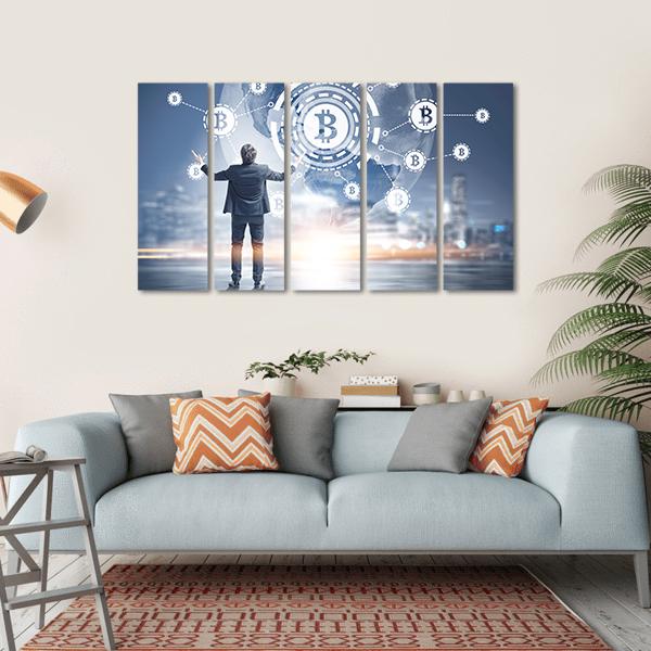 Businessman with Bitcoin Hologram Canvas Wall Art in white, gray and blue, single panel hung on a wall