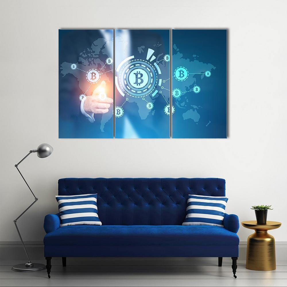 Businessman Pointing to Bitcoin Network Canvas Wall Art in white and blue, single panel hung on a wall