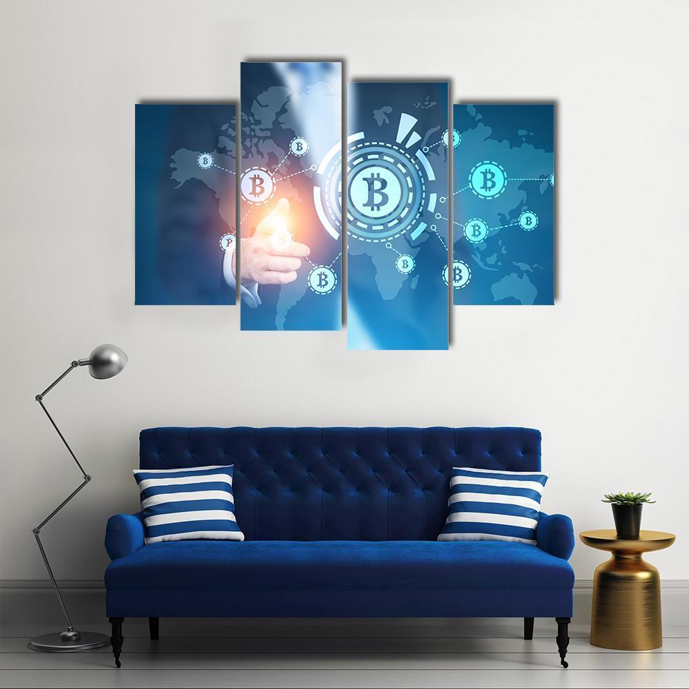 Businessman Pointing to Bitcoin Network Canvas Wall Art in white and blue, single panel hung on a wall