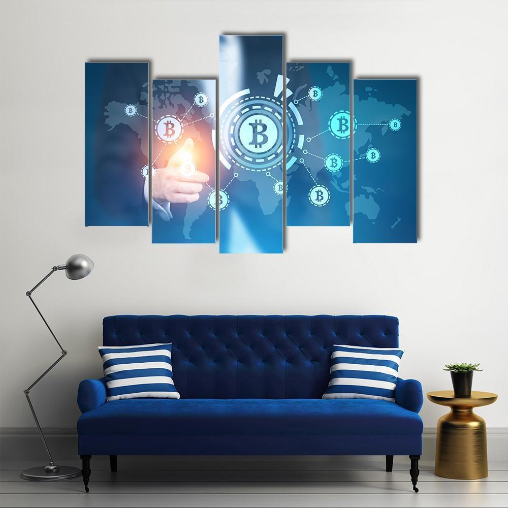 Businessman Pointing to Bitcoin Network Canvas Wall Art in white and blue, single panel hung on a wall