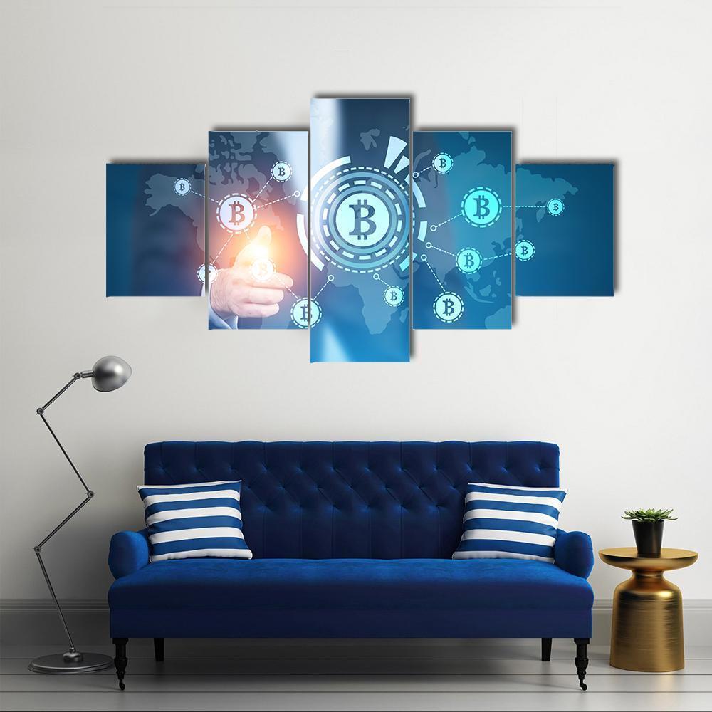 Businessman Pointing to Bitcoin Network Canvas Wall Art in white and blue, single panel hung on a wall