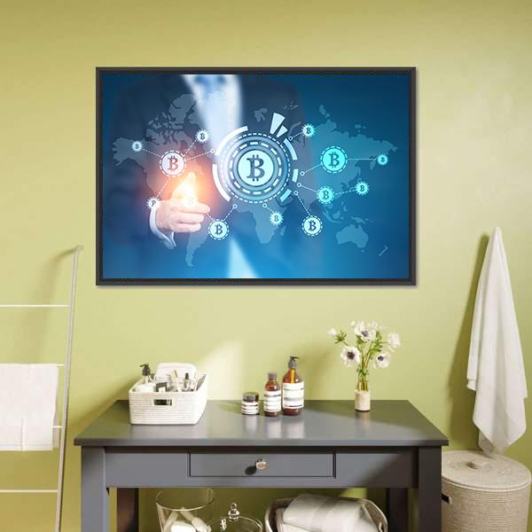 Businessman With Bitcoin Canvas Wall Art-3 Horizontal-Gallery Wrap-25" x 16"-Tiaracle