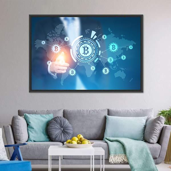 Businessman Pointing to Bitcoin Network Canvas Wall Art in white and blue, framed canvas, product view on a white background