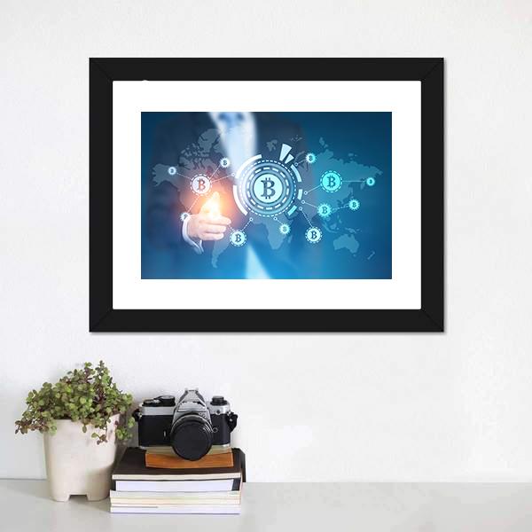 Businessman Pointing to Bitcoin Network Canvas Wall Art in white and blue, single panel hung on a wall