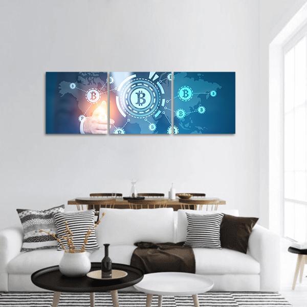 Businessman Touching Bitcoin Network Panoramic Canvas Wall Art in white and blue, hung on a wall