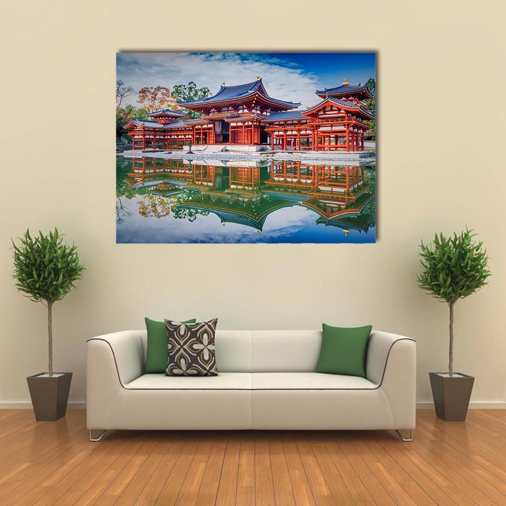 Byodo-in Temple Reflection Canvas Wall Art in red, green and blue, single panel hung on a wall