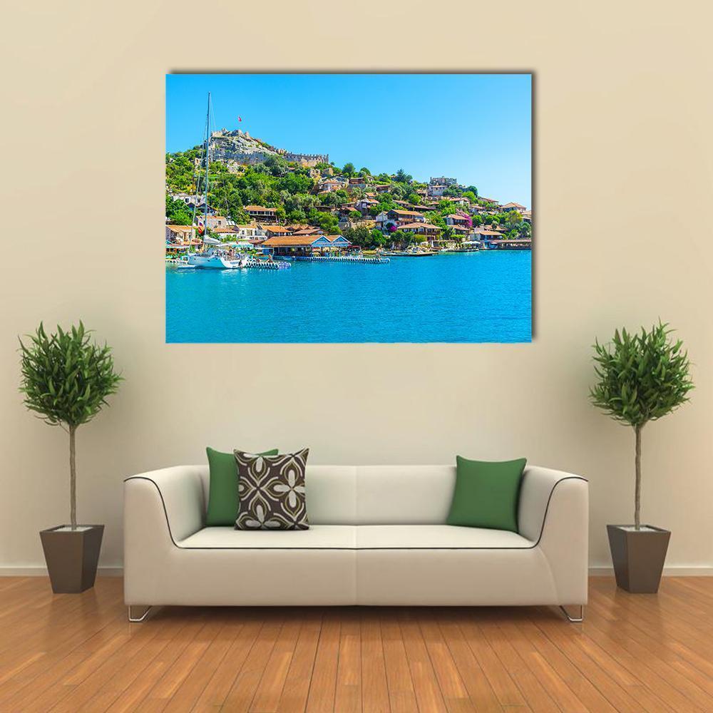 Byzantine Castle and Coastal Village Canvas Wall Art in green and blue, single panel hung on a wall