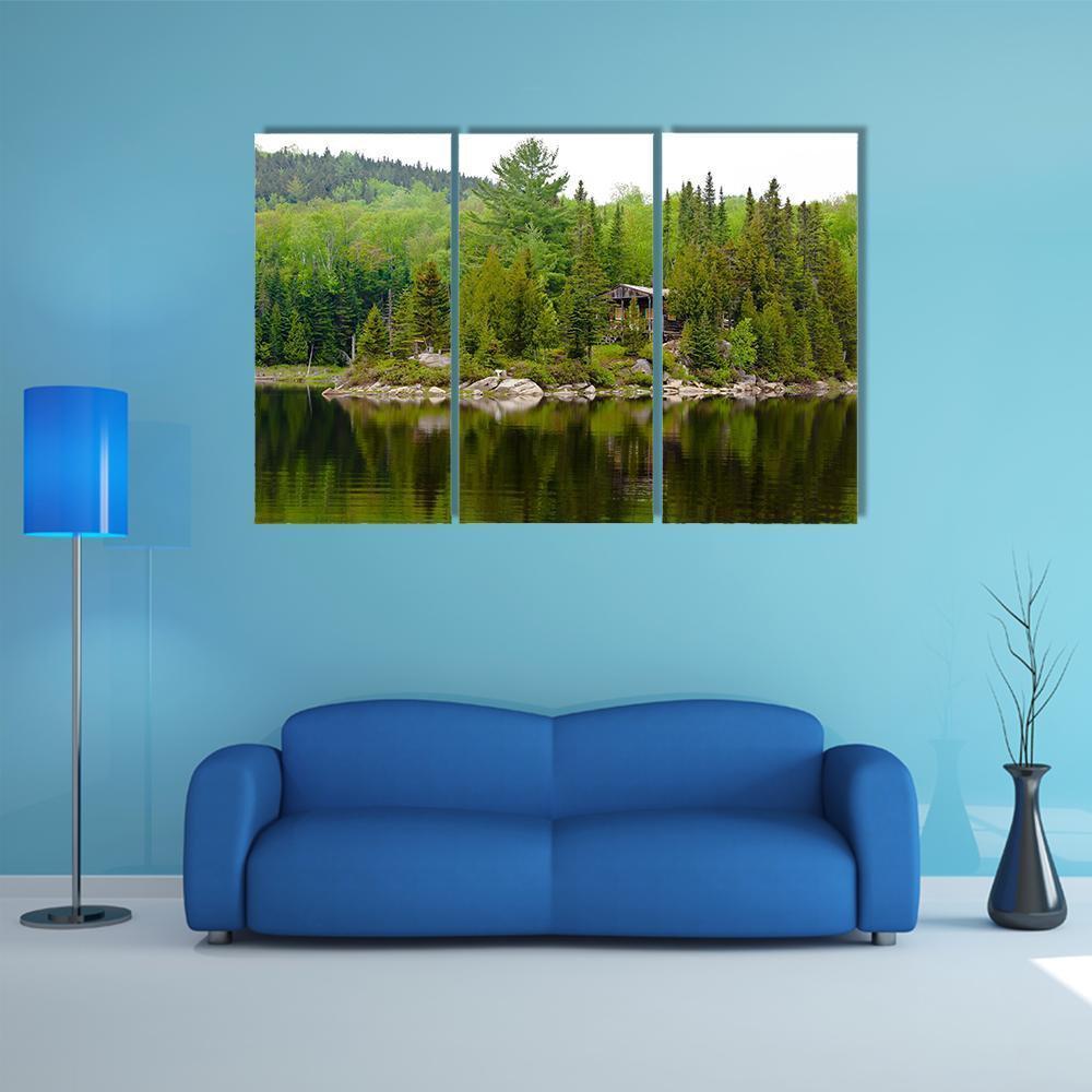 Cabin Hut With Lake Canvas Wall Art-3 Horizontal-Gallery Wrap-37" x 24"-Tiaracle