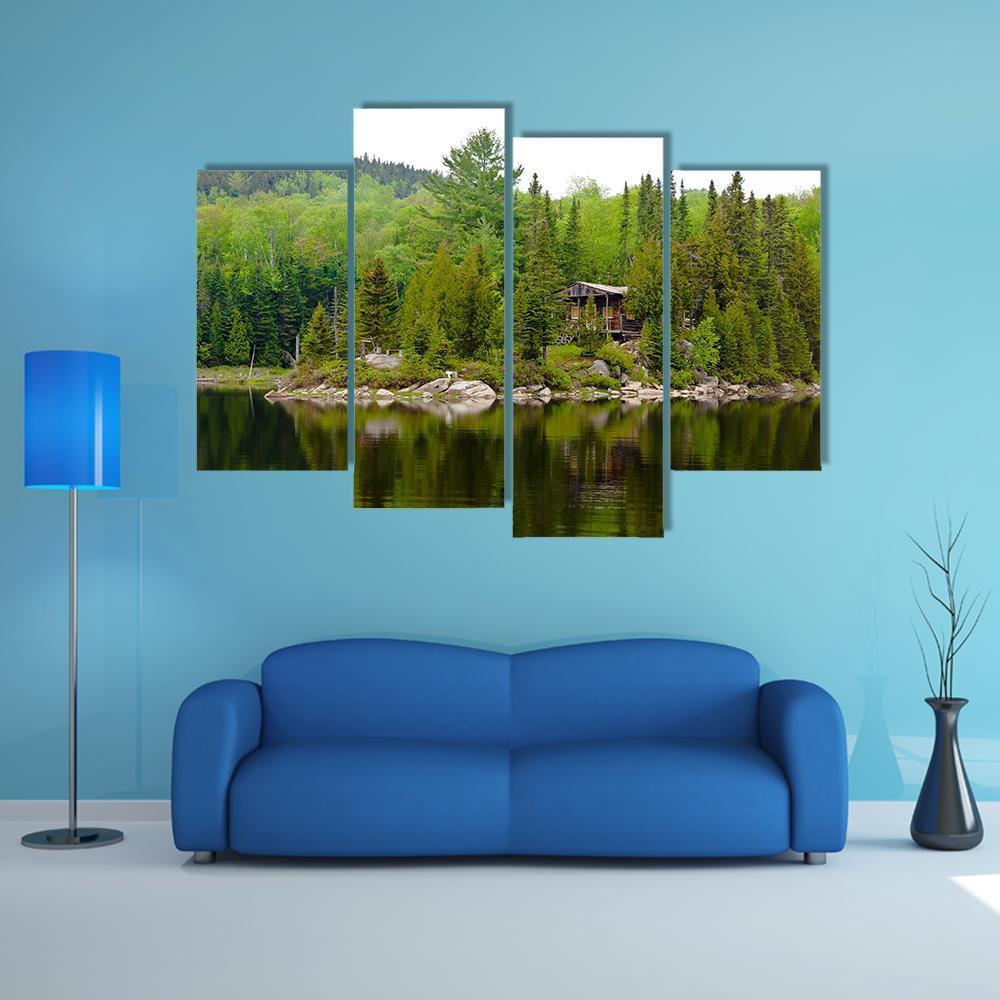 Cabin Hut With Lake Canvas Wall Art-4 Pop-Gallery Wrap-50" x 32"-Tiaracle
