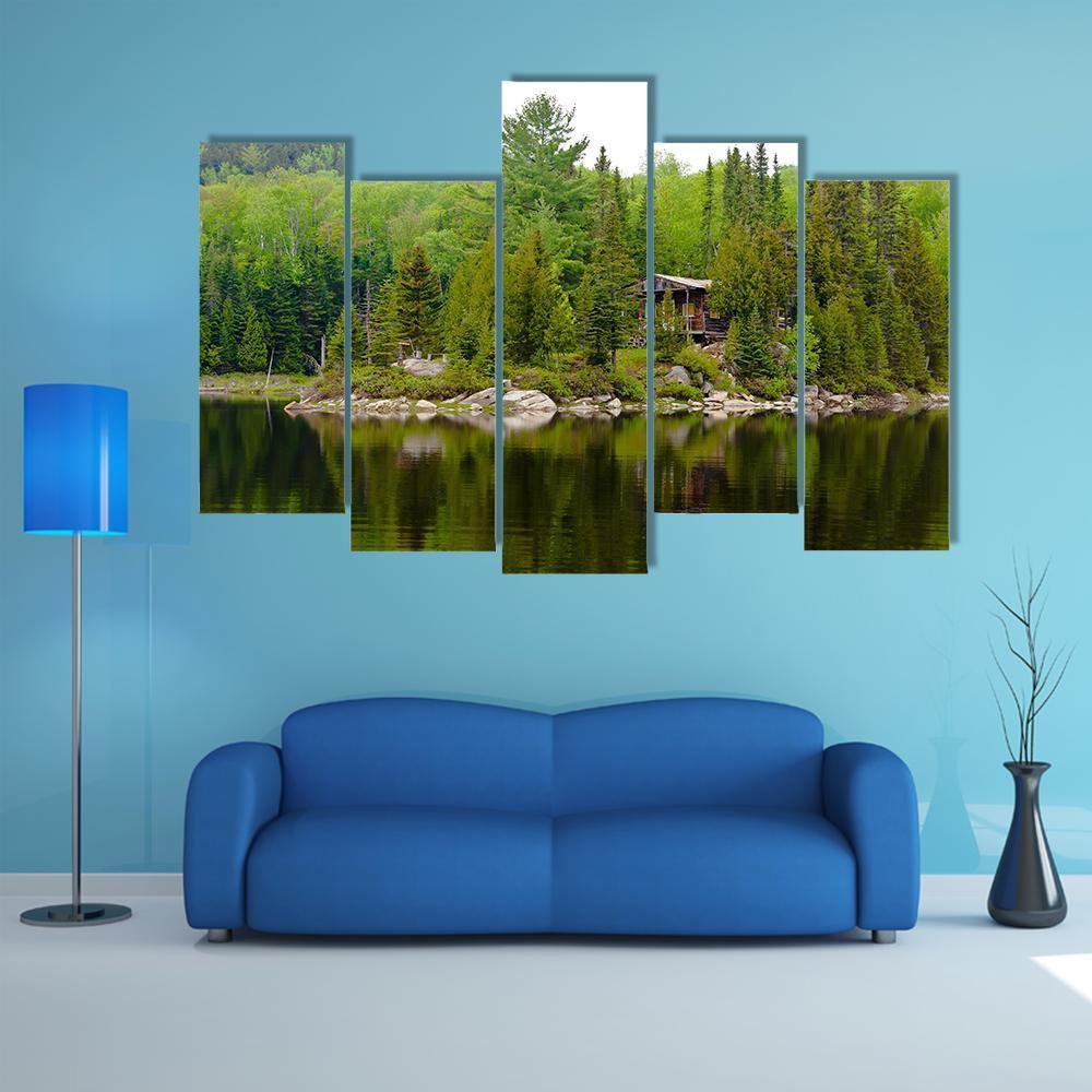 Cabin Hut With Lake Canvas Wall Art-5 Pop-Gallery Wrap-47" x 32"-Tiaracle