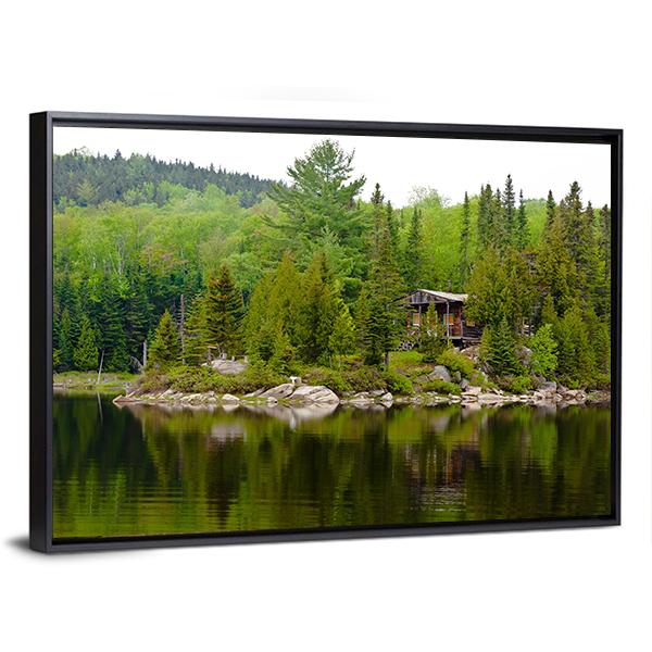 Cabin Hut With Lake Canvas Wall Art-3 Horizontal-Gallery Wrap-25" x 16"-Tiaracle