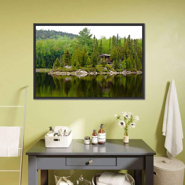 Cabin Hut With Lake Canvas Wall Art-3 Horizontal-Gallery Wrap-25" x 16"-Tiaracle