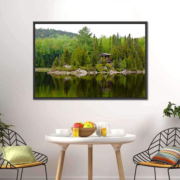 Cabin Hut With Lake Canvas Wall Art-3 Horizontal-Gallery Wrap-25" x 16"-Tiaracle