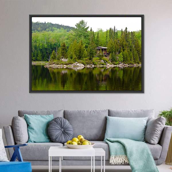 Cabin Hut With Lake Canvas Wall Art-1 Piece-Floating Frame-24" x 16"-Tiaracle