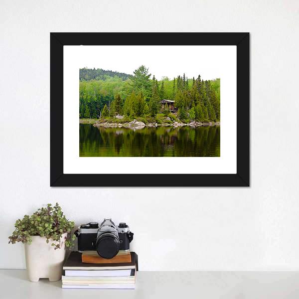 Cabin Hut With Lake Canvas Wall Art-1 Piece-Framed Print-20" x 16"-Tiaracle