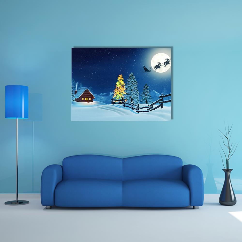 Moonlit Christmas Cabin in Snow Canvas Wall Art in white and blue, single panel hung on a wall