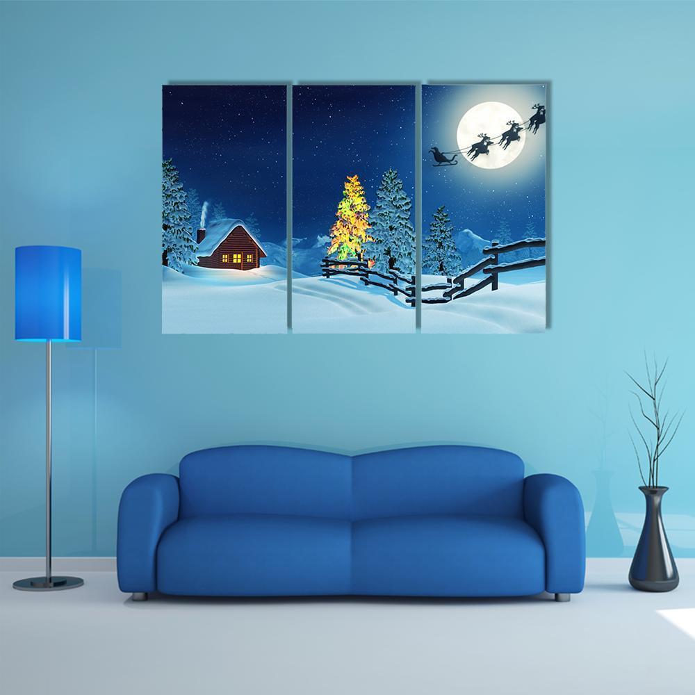 Cabin In A Moonlit Snowy Christmas Landscape At Night Canvas Wall Art-3 Horizontal-Gallery Wrap-37" x 24"-Tiaracle