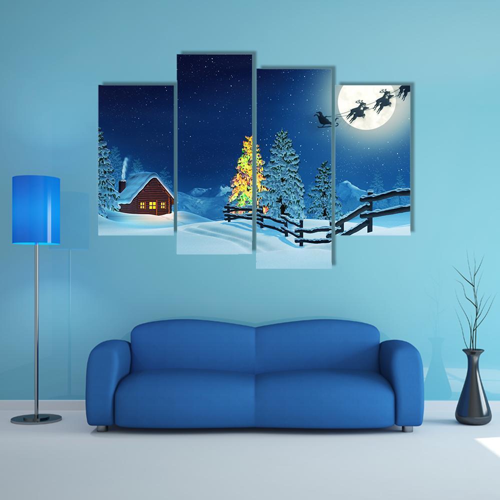 Cabin In A Moonlit Snowy Christmas Landscape At Night Canvas Wall Art-4 Pop-Gallery Wrap-50" x 32"-Tiaracle
