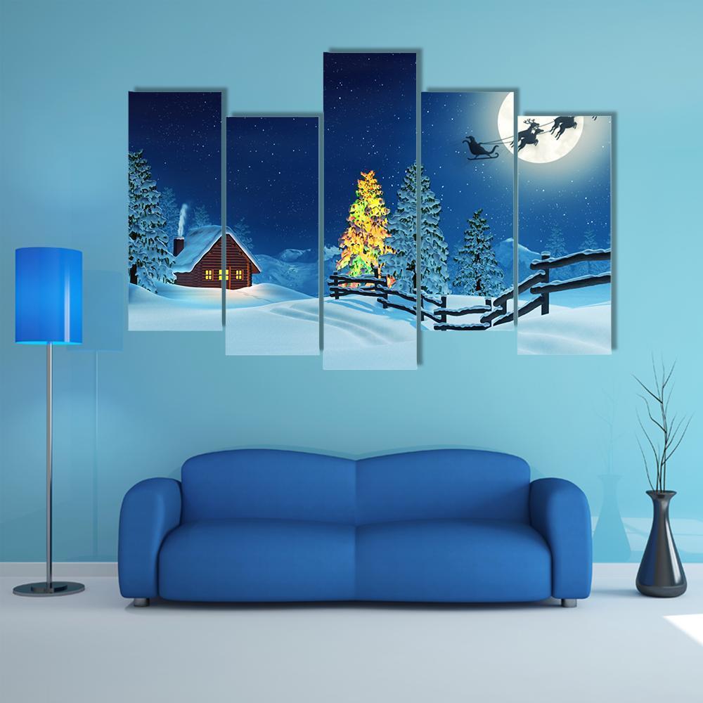 Cabin In A Moonlit Snowy Christmas Landscape At Night Canvas Wall Art-5 Pop-Gallery Wrap-47" x 32"-Tiaracle