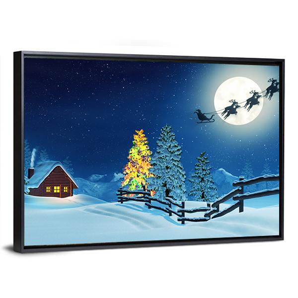 Cabin In A Moonlit Snowy Christmas Landscape At Night Canvas Wall Art-3 Horizontal-Gallery Wrap-25" x 16"-Tiaracle