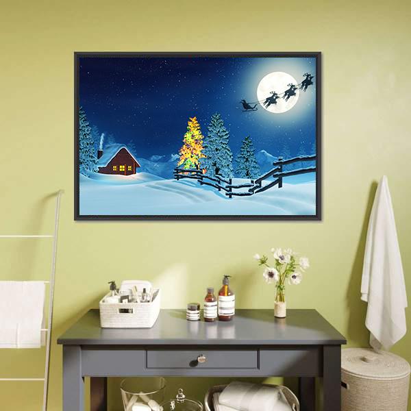 Cabin In A Moonlit Snowy Christmas Landscape At Night Canvas Wall Art-3 Horizontal-Gallery Wrap-25" x 16"-Tiaracle