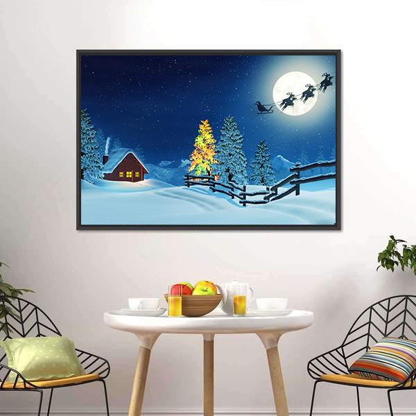 Cabin In A Moonlit Snowy Christmas Landscape At Night Canvas Wall Art-3 Horizontal-Gallery Wrap-25" x 16"-Tiaracle