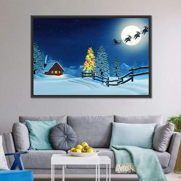 Cabin In A Moonlit Snowy Christmas Landscape At Night Canvas Wall Art-1 Piece-Floating Frame-24" x 16"-Tiaracle