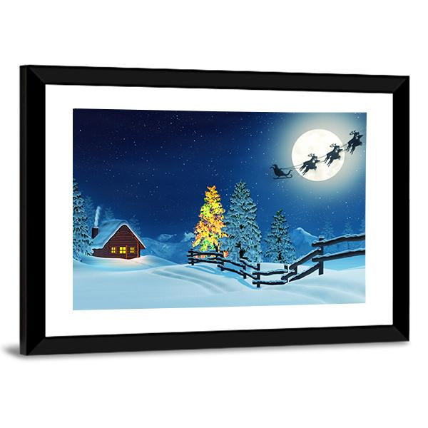 Cabin In A Moonlit Snowy Christmas Landscape At Night Canvas Wall Art-3 Horizontal-Gallery Wrap-25" x 16"-Tiaracle