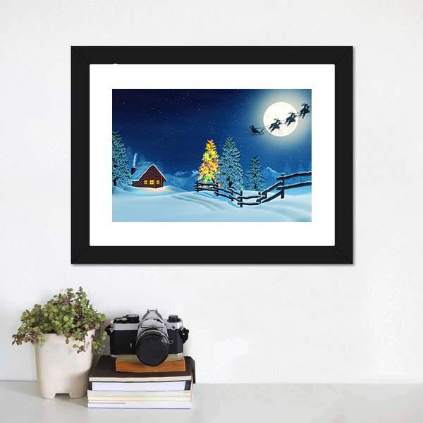 Cabin In A Moonlit Snowy Christmas Landscape At Night Canvas Wall Art-1 Piece-Framed Print-20" x 16"-Tiaracle