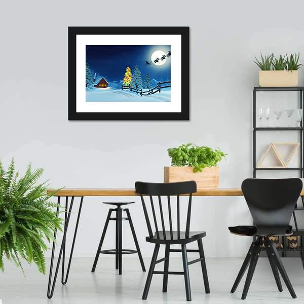 Cabin In A Moonlit Snowy Christmas Landscape At Night Canvas Wall Art-3 Horizontal-Gallery Wrap-25" x 16"-Tiaracle