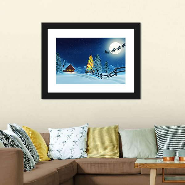 Cabin In A Moonlit Snowy Christmas Landscape At Night Canvas Wall Art-3 Horizontal-Gallery Wrap-25" x 16"-Tiaracle