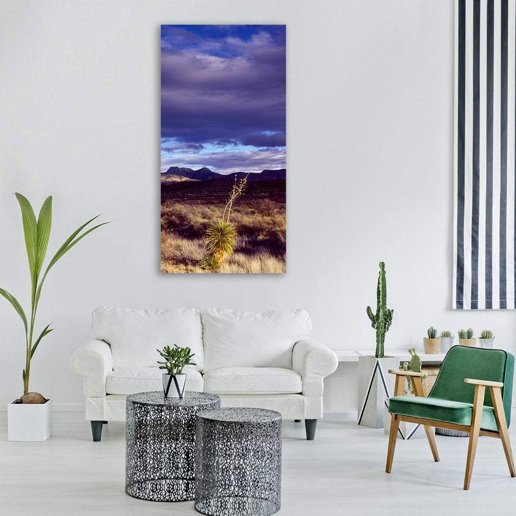Yucca Desert Landscape Usa Vertical Canvas Wall Art in brown, blue and purple, single vertical panel hung on a wall