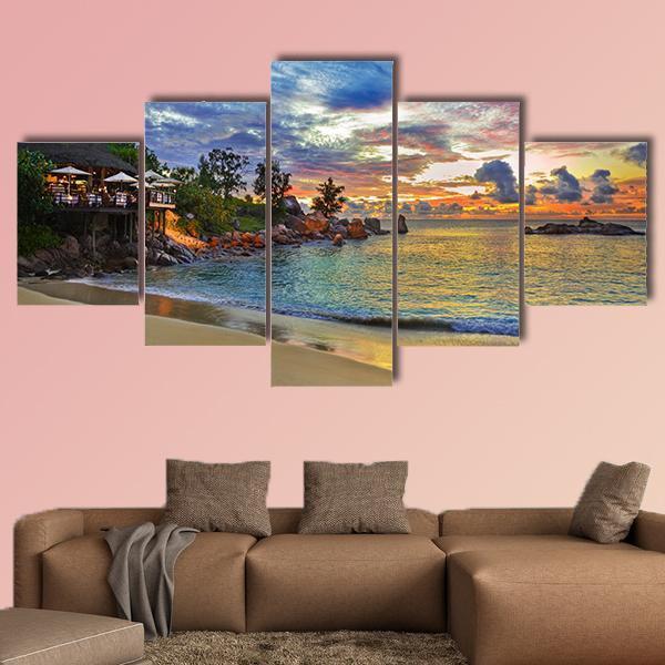 Cafe On Tropical Beach Canvas Wall Art-5 Star-Gallery Wrap-62&quot; x 32&quot;-Tiaracle