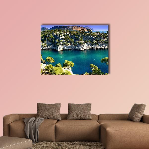 Massif Des Calanques Coastal Cliffs Canvas Wall Art in white, green and blue, single panel hung on a wall
