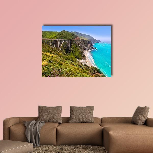 Bixby Creek Bridge, California Coastline Canvas Wall Art in green and blue, single panel hung on a wall