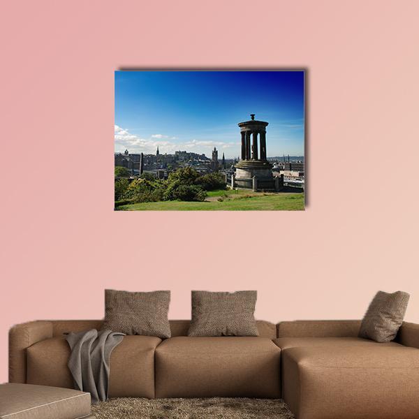 Calton Hill Scotland with Dugald Stewart Monument Canvas Wall Art in gray, green and blue, single panel hung on a wall