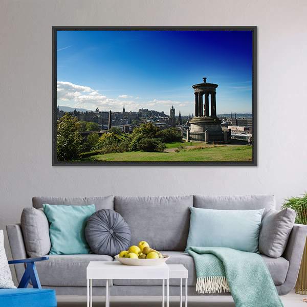 Calton Hill Scotland with Dugald Stewart Monument Canvas Wall Art in gray, green and blue, framed canvas, product view on a white background