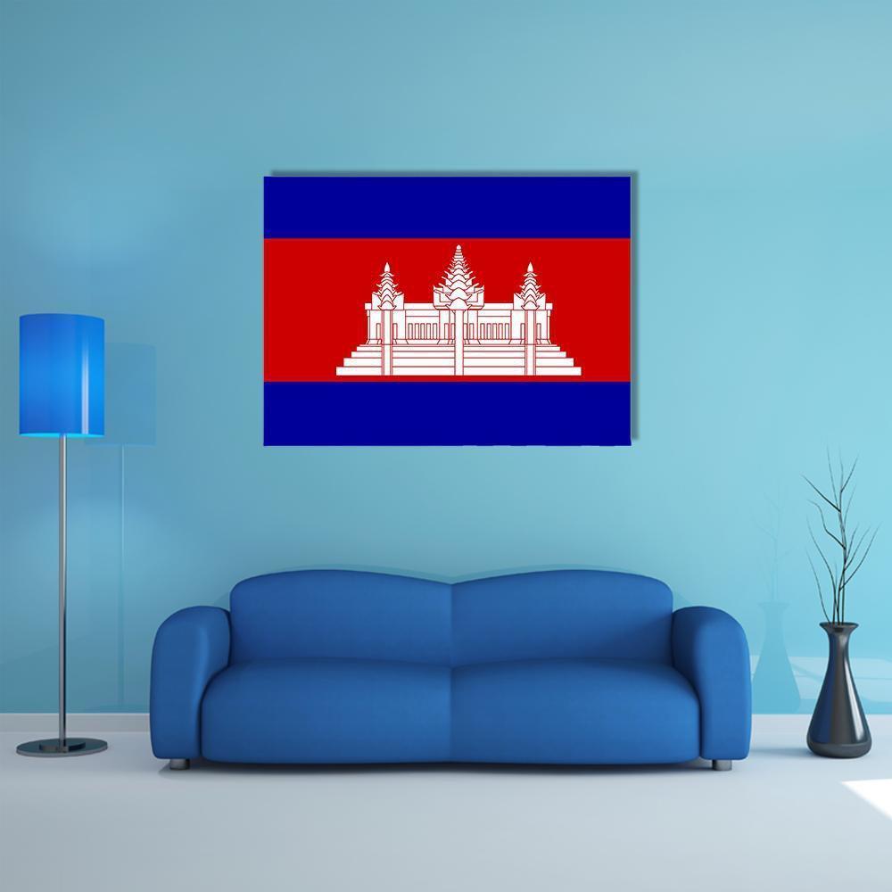 Cambodia Flag with Angkor Wat Canvas Wall Art in white, red and blue, single panel hung on a wall
