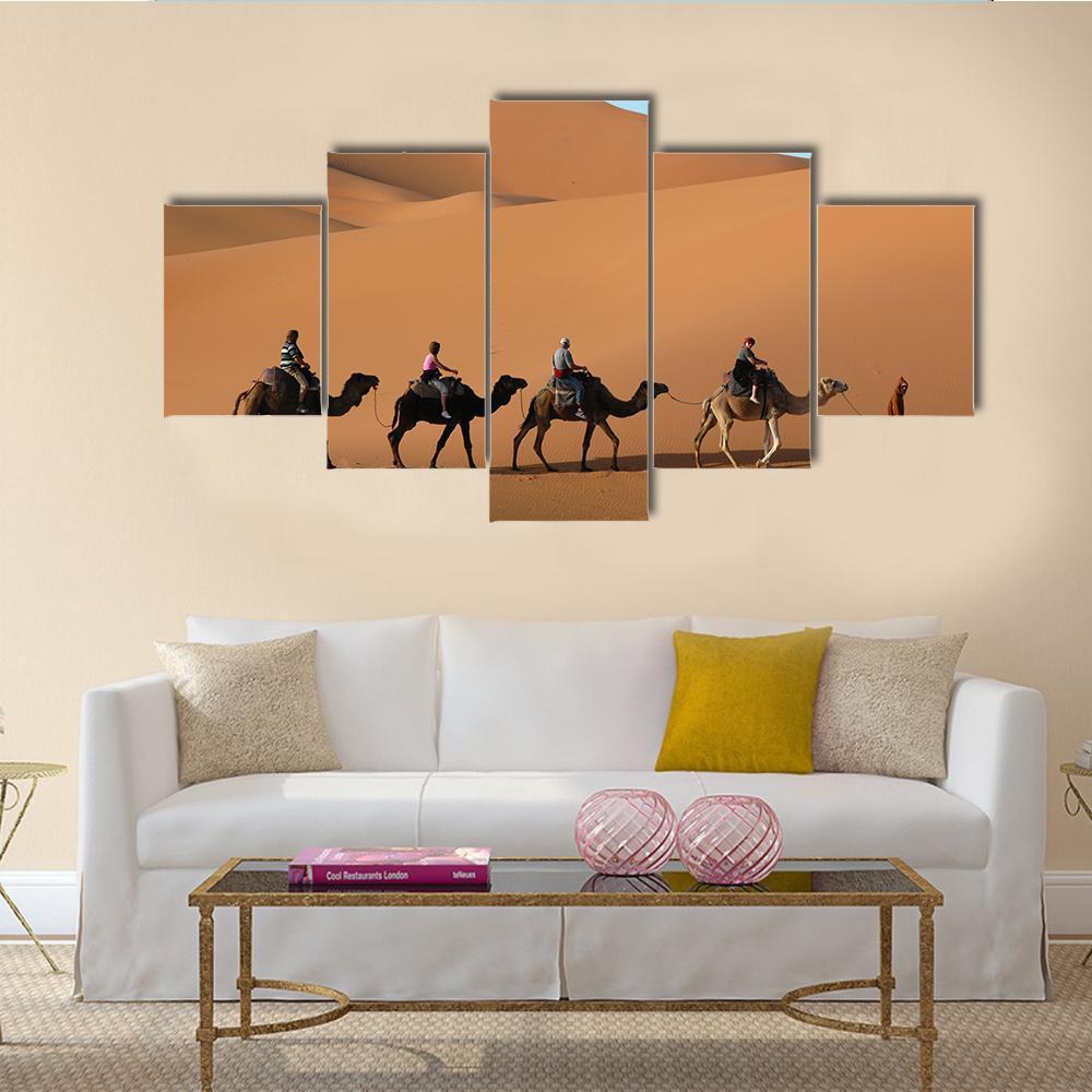 Camel Caravan Morocco Canvas Wall Art-5 Star-Gallery Wrap-62" x 32"-Tiaracle